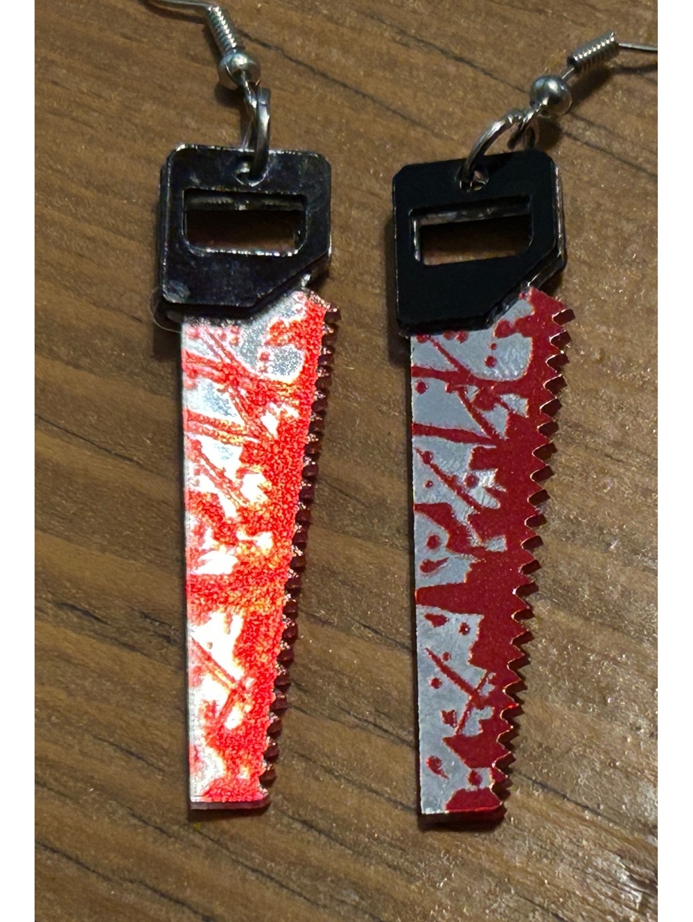 Unique Handmade Saw Blade Dangle Earrings with Red and Silver Splatter Design